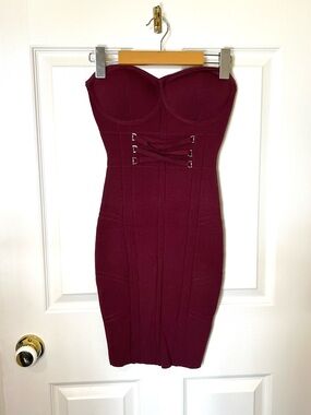 Guess Strapless Wine Bodycon Dress with Lace-Up Front